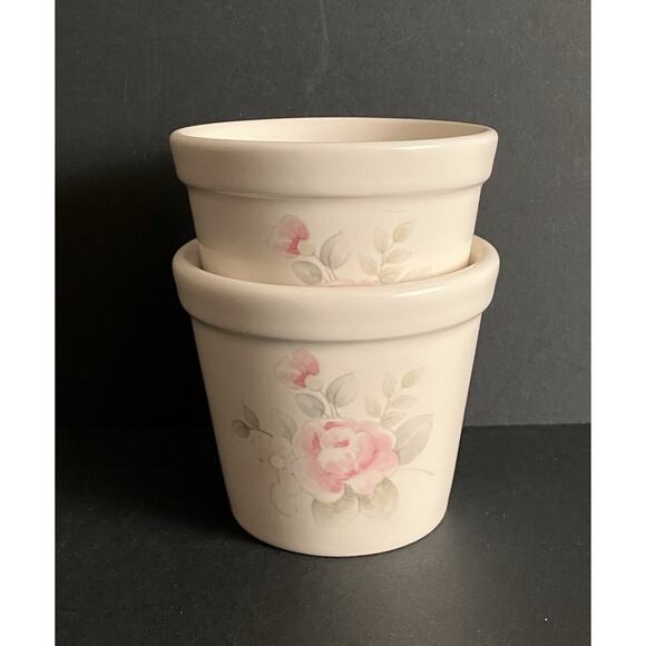 Pfaltzgraff Tea Rose Pattern Stoneware Herb Flower Pot 12035D Set of 2 NWOB - Picture 2 of 7